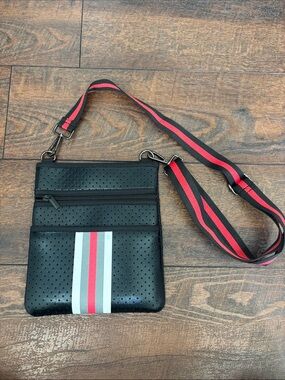Black Crossbody Bag with Red & Gray Stripe